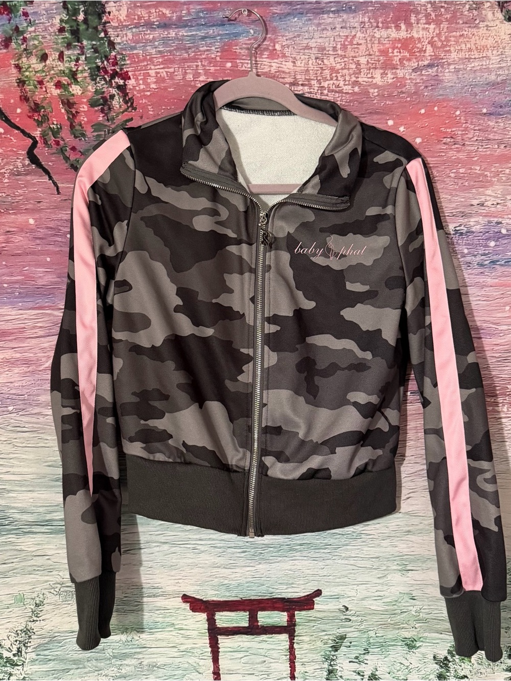 Baby Phat Women's Gray Camo Track Jacket with Pink Stripe